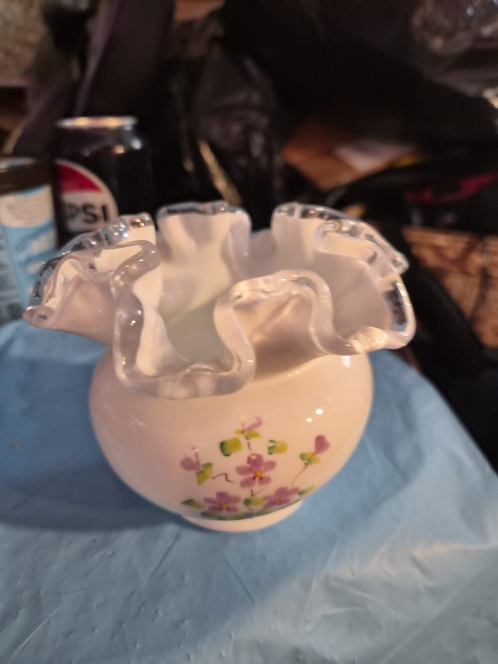 Vintage Fenton Art Glass Silver Crest with Handpainted Violets in The Snow...